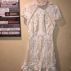 Olia Elixir White Lace Overlay Nude Crochet Backless Dress